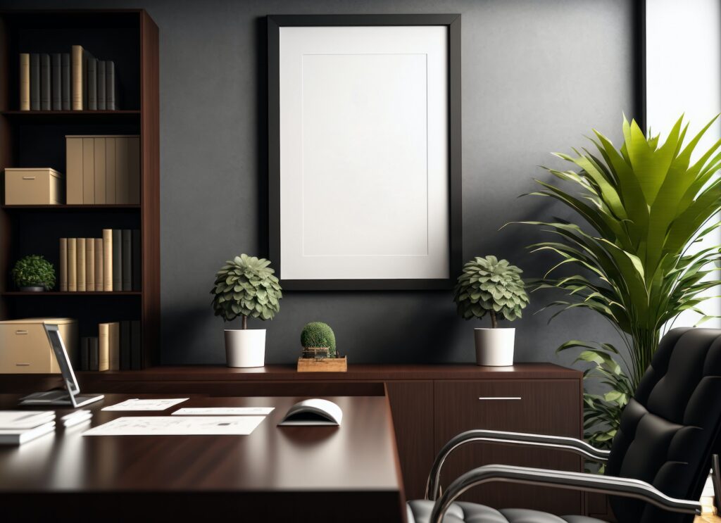 Premium frame Mockup with an interior in the style of a law firm business office. 3D render